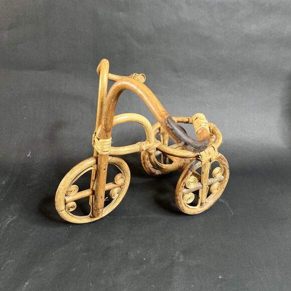 VTG Wicker Bamboo Tricycle Bike Planter Pot Holder 10” Tall Handcrafted - Picture 2 of 15